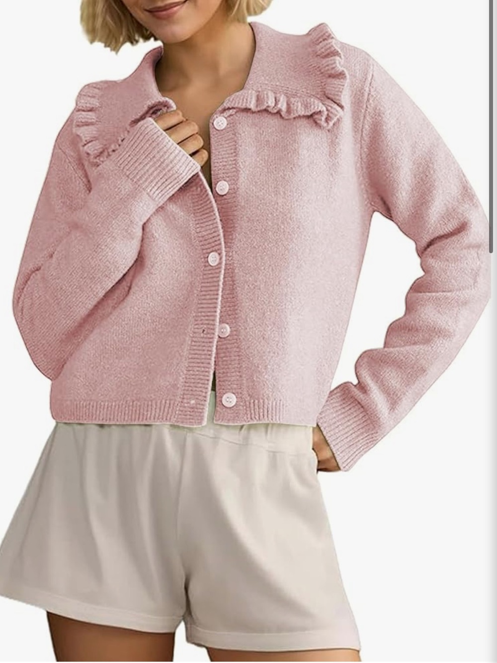 💓Ruffled Collar Button-Front Cardigan in Soft Pink